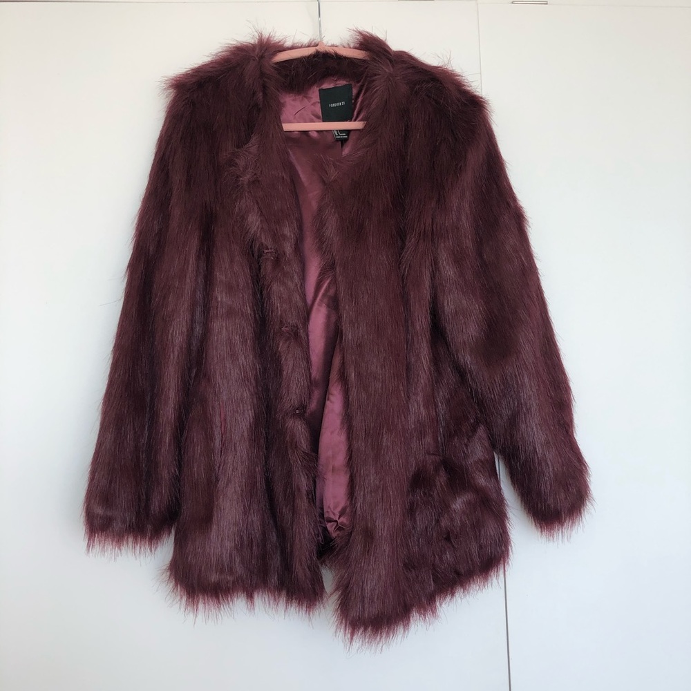 F21 burgundy faux fur coat